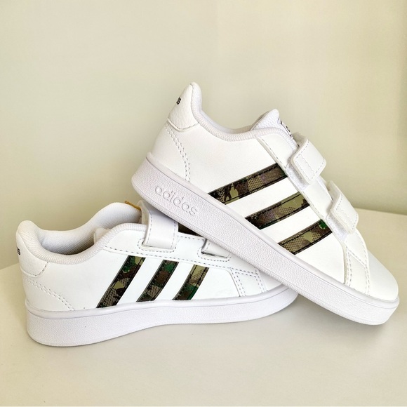 adidas Other - adidas Grand Court White & Camouflage Velcro Straps Toddler Sneakers New Size 9